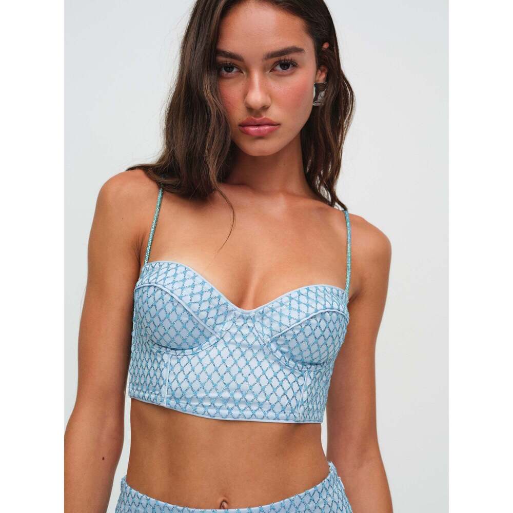 For Love Or Lemons Blue Glitter Grid Bustier Top Size S